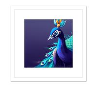 Artery8 Peacock Peafowl Navy Blue Bird Nature Modern Contemporary Watercolour Painting Square Wooden Framed Wall Art Print Picture 8X8 Inch in White Artery8 White
