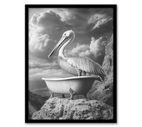 Artery8 Pelican Bird in Bathtub Black White Cliff Surreal Bathroom Toilet Artwork Framed Wall Art Print 18X24 Inch