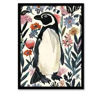 Artery8 Penguin in Coastal Wildflowers Bright Floral Living Room Artwork Framed Wall Art Print A4