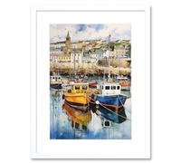 Artery8 Penzance Harbour Trawler Boats Promenade Watercolour Painting Cornwall Coastal Townscape Artwork Framed Wall Art Print 12X16 Inch