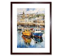 Artery8 Penzance Harbour Trawler Boats Promenade Watercolour Painting Cornwall Coastal Townscape Artwork Framed Wall Art Print 9X7 Inch