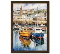 Artery8 Penzance Harbour Trawler Boats Promenade Watercolour Painting Cornwall Coastal Townscape Artwork Framed A3 Wall Art Print