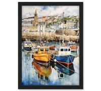 Artery8 Penzance Harbour Trawler Boats Promenade Watercolour Painting Cornwall Coastal Townscape Artwork Framed A3 Wall Art Print