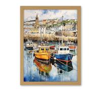 Artery8 Penzance Harbour Trawler Boats Promenade Watercolour Painting Cornwall Coastal Townscape Artwork Framed Wall Art Print 18X24 Inch