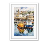 Artery8 Penzance Harbour Trawler Boats Promenade Watercolour Painting Cornwall Coastal Townscape Artwork Framed Wall Art Print 18X24 Inch