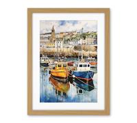 Artery8 Penzance Harbour Trawler Boats Promenade Watercolour Painting Cornwall Coastal Townscape Artwork Framed Wall Art Print 18X24 Inch