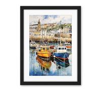 Artery8 Penzance Harbour Trawler Boats Promenade Watercolour Painting Cornwall Coastal Townscape Artwork Framed Wall Art Print 18X24 Inch
