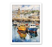 Artery8 Penzance Harbour Trawler Boats Promenade Watercolour Painting Cornwall Coastal Townscape Artwork Framed Wall Art Print 18X24 Inch