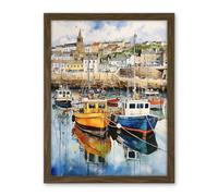 Artery8 Penzance Harbour Trawler Boats Promenade Watercolour Painting Cornwall Coastal Townscape Artwork Framed Wall Art Print 18X24 Inch