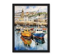 Artery8 Penzance Harbour Trawler Boats Promenade Watercolour Painting Cornwall Coastal Townscape Artwork Framed Wall Art Print 18X24 Inch