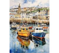 Wall Art Print Penzance Harbour Trawler Boats Promenade Watercolour Painting Cornwall Coastal Townscape Poster Artery8 Multi W24 inch x H32 inch