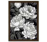 Artery8 Peony Flower Blooms White on Black Illustration Artwork Framed A3 Wall Art Print