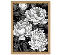 Artery8 Peony Flower Blooms White on Black Illustration Artwork Framed A3 Wall Art Print