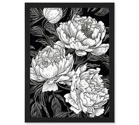 Artery8 Peony Flower Blooms White on Black Illustration Artwork Framed A3 Wall Art Print