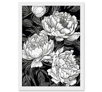 Artery8 Peony Flower Blooms White on Black Illustration Artwork Framed A3 Wall Art Print
