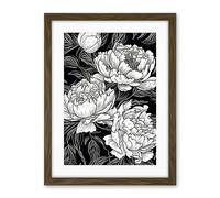 Artery8 Peony Flower Blooms White on Black Illustration Artwork Framed Wall Art Print 18X24 Inch
