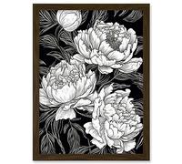 Artery8 Peony Flower Blooms White on Black Illustration Artwork Framed Wall Art Print A4
