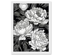 Artery8 Peony Flower Blooms White on Black Illustration Artwork Framed Wall Art Print A4