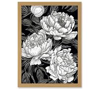 Artery8 Peony Flower Blooms White on Black Illustration Artwork Framed Wall Art Print A4