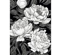 Artery8 Peony Flower Blooms White on Black Illustration Extra Large XL Wall Art Poster Print