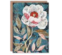 Artery8 Peony Flower White Red Bloom Artistic Design Birthday Art Card in Blue Artery8 Blue