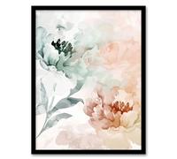 Artery8 Peony Flowers Teal Blue Pink Light Watercolour Bedroom Artwork Framed Wall Art Print A4