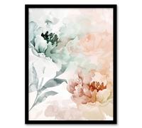 Artery8 Peony Flowers Teal Blue Pink Light Watercolour Framed Art Print | Size: W12" x H16" Artery8 Multicolor W12" x H16"