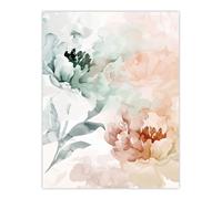 Artery8 Peony Flowers Teal Blue Pink Light Watercolour Wall Art Print | Size: W12" x H16" Artery8 Multicolor W12" x H16"