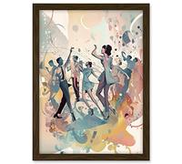 Artery8 People Dancing to Music on the Dancefloor Modern Soft Pastel Watercolour Painting Artwork Framed A3 Wall Art Print