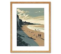 Artery8 People Walking on Filey Beach Coastal Illustration Artwork Framed Wall Art Print 12X16 Inch