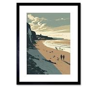 Artery8 People Walking on Filey Beach Coastal Illustration Artwork Framed Wall Art Print 9X7 Inch