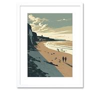 Wall Art Print People Walking on Filey Beach Coastal Artwork Framed 9X7 Inch Artery8 White W7 inch x H9 inch
