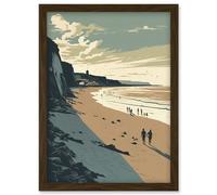 People Walking on Filey Beach Coastal Illustration Artwork Framed Wall Art Print A4 Artery8 Brown One Size