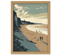 People Walking on Filey Beach Coastal Illustration Artwork Framed Wall Art Print A4 Artery8 Light Oak One Size