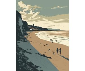 Artery8 People Walking on Filey Beach Coastal Illustration Extra Large XL Wall Art Poster Print