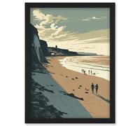 Artery8 People Walking On Filey Beach Coastal Illustration Wall Art Print - A4 Size