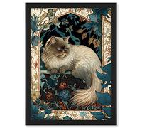 Artery8 Perched Himalayan Persian Cat Modern Art Nouveau Illustration Artwork Framed A3 Wall Art Print