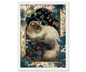 Artery8 Perched Himalayan Persian Cat Modern Art Nouveau Illustration Artwork Framed Wall Art Print A4