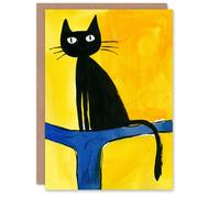 Artery8 Perched On Tree Bold Yellow Blue Black Cat Lover Blank For Him Or Her Art Birthday Card
