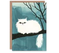 Artery8 Perched on Tree Branch White Persian Cat Lover Blank For Him Or Her Art Birthday Card
