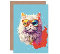 Artery8 Persian Cat with Retro Sunglasses Gift Pet Portrait Baby Blue Orange Purple Artwork Painting Sealed Greeting Card Plus Envelope Blank inside