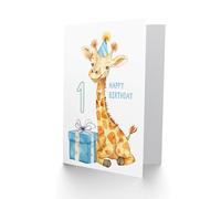 Artery8 Personalised 1st Birthday Card Cute Giraffe Party Hat Cartoon Fun Kids Age 1 Year Old Child For Son Daughter Girl Boy Happy Card