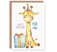 Artery8 Personalised 2nd Birthday Card Cute Baby Giraffe in Party Hat Cartoon Kids Age 2 Year Old Child For Son Daughter Girl Boy Happy Card