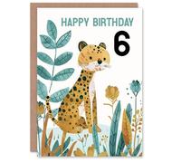Artery8 Personalised 6th Birthday Card Cute Cheetah Jungle Plants Fun Kids Age 6 Year Old Child For Son Daughter Girl Boy Happy Card
