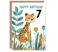 Artery8 Personalised 7th Birthday Card Cute Cheetah Jungle Plants Fun Kids Age 7 Year Old Child For Son Daughter Girl Boy Happy Card