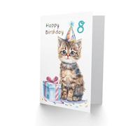 Artery8 Personalised 8th Birthday Card Cute Baby Cat Kitten Party Hat Kids Age 8 Year Old Child For Son Daughter Girl Boy Happy Card