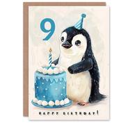 Artery8 Personalised 9th Birthday Card Cute Baby Penguin Cake Cartoon Kids Age 9 Year Old Child For Son Daughter Girl Boy Happy Card