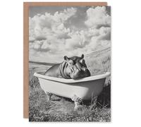 Artery8 Personalised Baby Hippo in Bathtub Black White Surreal For Him Or Her Art Birthday Card