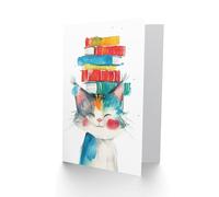 Artery8 Personalised Birthday Card Cat Pet Kitten with Book Stack Bright Watercolour For Son Daughter Girl Boy Kids Happy Card