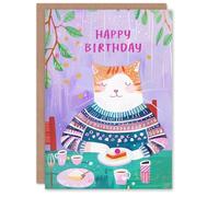 Artery8 Personalised Birthday Card Cute Ginger Tabby Cat Lover Cafe Cake For Child Kids Son Daughter Greeting Card